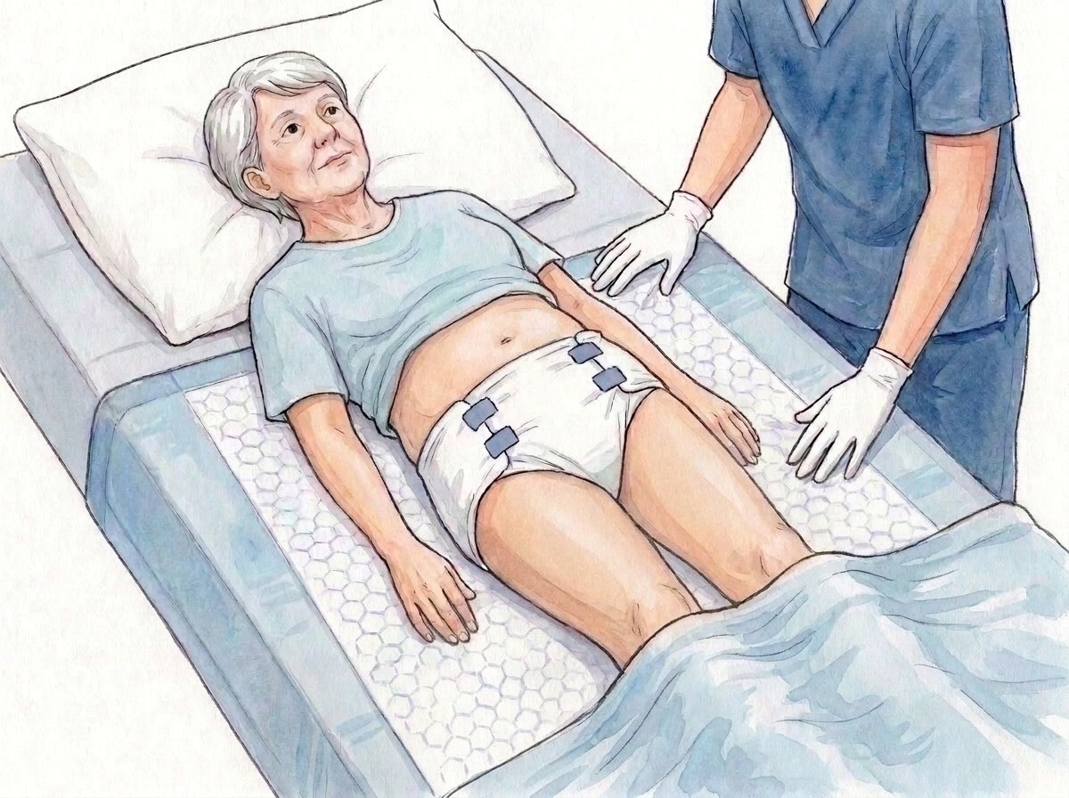 1. Mati Krankenunterlage auf dem Bettlaken, volle Breite, Seitenteile eingeschlagen