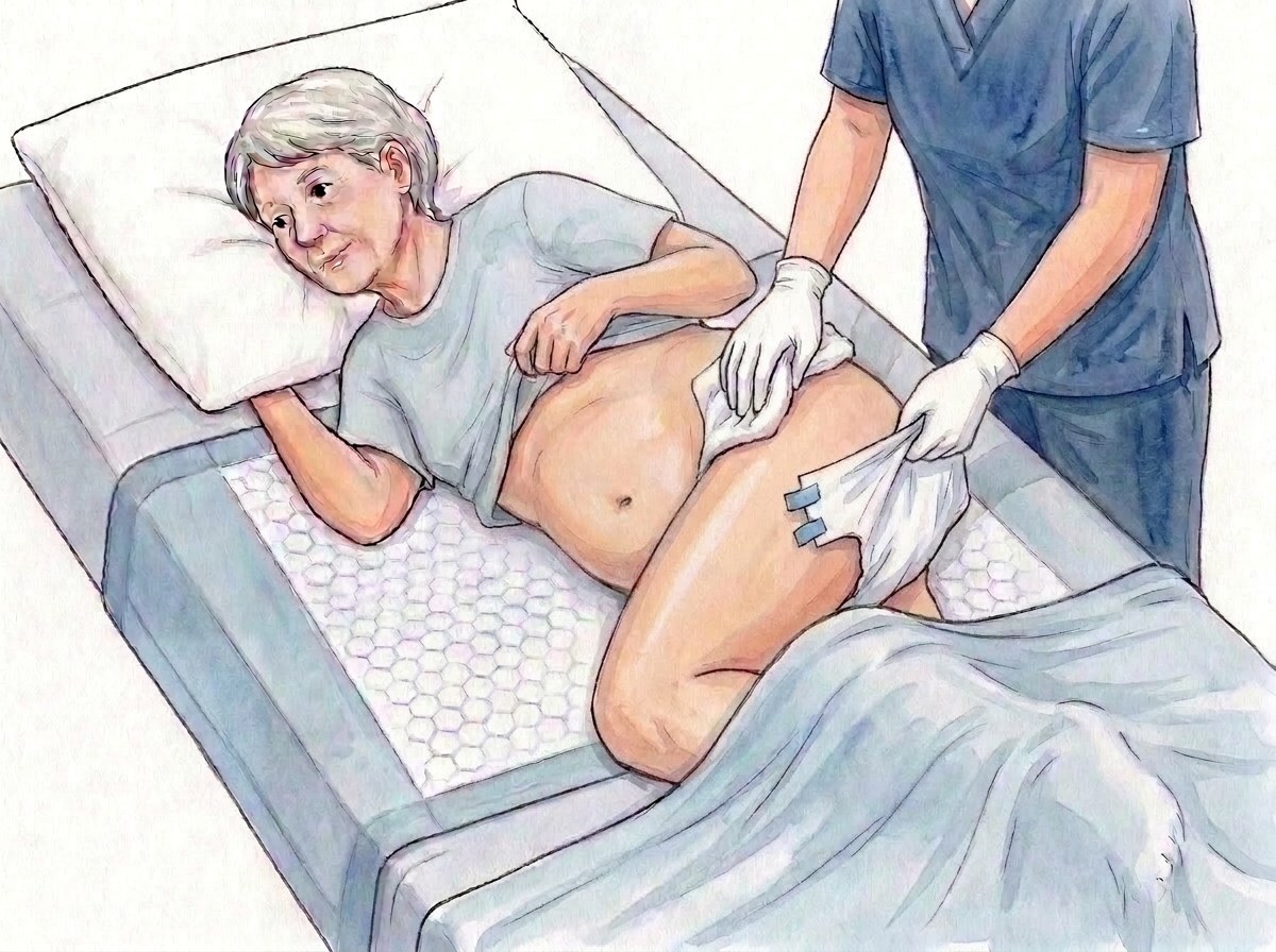 4. Die gefaltete gebrauchte Windelhose entfernen, von vorne nach hinten reinigen