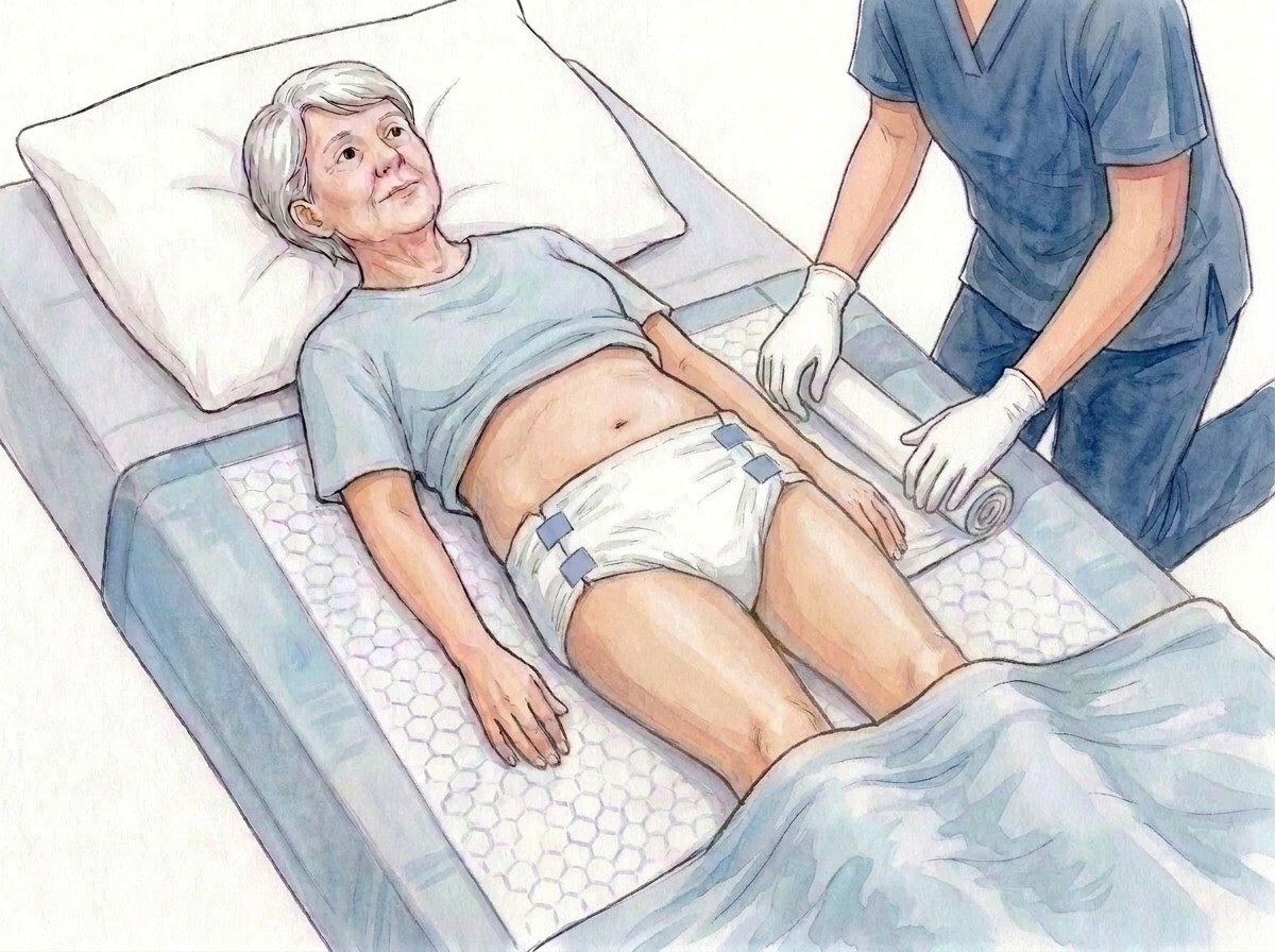 8. Den unter der Person hindurchgeführten Teil ausrollen, beide Seiten anpassen
